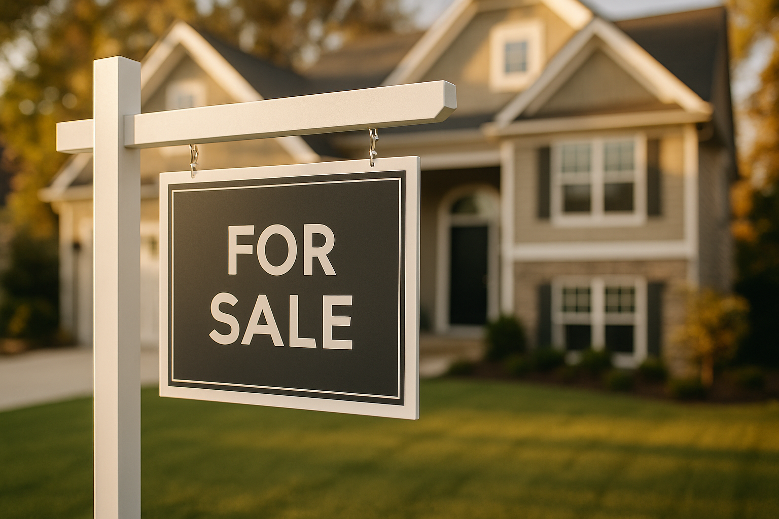 A professional real estate for-sale sign on a front lawn